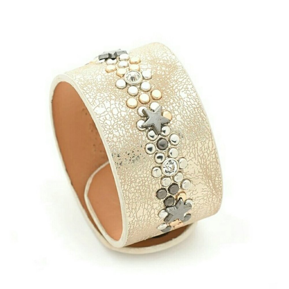 Star Cuff Bracelet Leather Champagne Artisan - Picture 2 of 6
